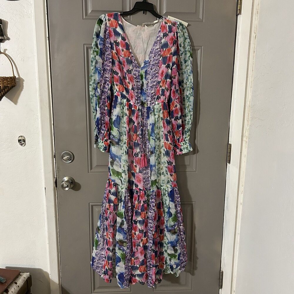 Anthropologie Mahila Chiffon Maxi Dress V-Neck Garden Floral Boho Wedding Small